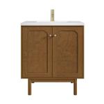 Laurent 30" Single Vanity, Honey Oak w/ Single Hole 3 CM White Zeus Silestone Top and Matching Backsplash