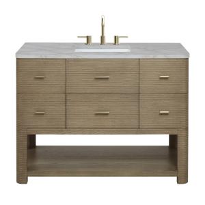 Lucian 48" Single Vanity, Pebble Oak w/ 3 CM Victorian Silver Silestone Widespread Top