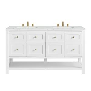 Breckenridge 60" Double Vanity, Bright White, w/ 3 CM Ethereal Noctis Quartz Top w/FreePower Wireless Charger