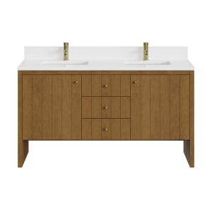 Hudson 60" Double Vanity, Honey Oak w/ Single Hole 3 CM White Zeus Silestone Top and Matching Backsplash