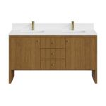 Hudson 60" Double Vanity, Honey Oak w/ Single Hole 3 CM White Zeus Silestone Top and Matching Backsplash