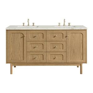 Laurent 60" Double Vanity, Light Natural Oak, w/ 3 CM Victorian Silver Quartz Top w/FreePower Wireless Charger