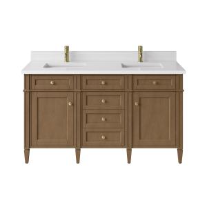Brittany 60" Double Vanity, Pecan w/ Single Hole 3 CM White Zeus Silestone Top and Matching Backsplash