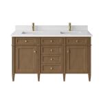 Brittany 60" Double Vanity, Pecan w/ Single Hole 3 CM White Zeus Silestone Top and Matching Backsplash