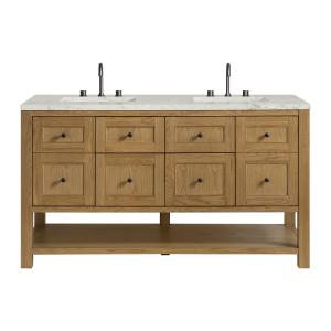 Breckenridge 60" Double Vanity, Light Natural Oak, w/ 3 CM Victorian Silver Quartz Top w/FreePower Wireless Charger