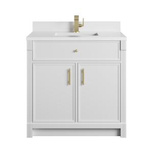 Bellshire 36" Single Vanity, Bright White w/ Single Hole 3 CM White Zeus Silestone Top and Matching Backsplash