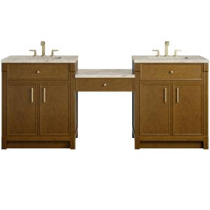 Bellshire 84" Dual Vanity Set with 24" Make-Up Counter, Honey Oak w/3 cm Tajnar Eclos Top