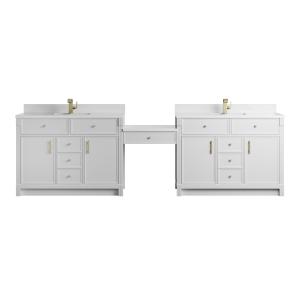 Bellshire 120" Dual Vanity Set with 24" Make-Up Counter, Bright White w/Single Hole 3 cm White Zeus Silestone Top & Backsplash