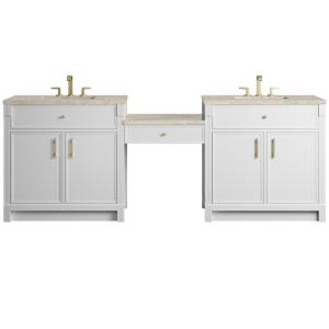 Bellshire 96" Dual Vanity Set with 24" Make-Up Counter, Bright White w/3 cm Tajnar Eclos Top