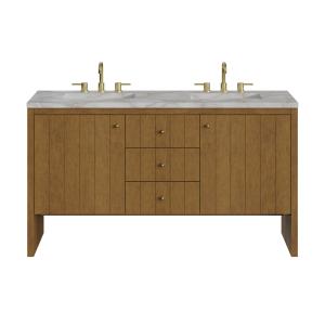 Hudson 60" Double Vanity, Honey Oak w/ 3 CM Victorian Silver Silestone Top w/FreePower Wireless Charger