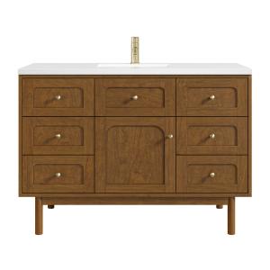 Laurent 48" Single Vanity, Honey Oak w/ Single Hole 3 CM White Zeus Silestone Top and Matching Backsplash