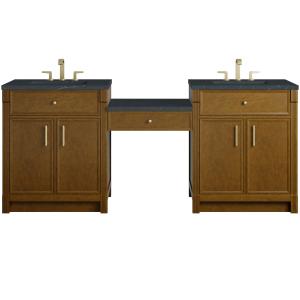 Bellshire 84" Dual Vanity Set with 24" Make-Up Counter, Honey Oak w/3 cm Charcoal Soapstone Silestone Top