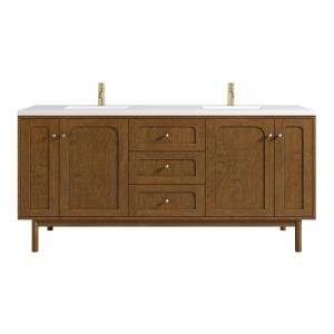 Laurent 72" Double Vanity, Honey Oak w/ Single Hole 3 CM White Zeus Silestone Top and Matching Backsplash
