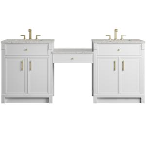 Bellshire 84" Dual Vanity Set with 24" Make-Up Counter, Bright White w/3 cm Eternal Jasmine Pearl Silestone Top