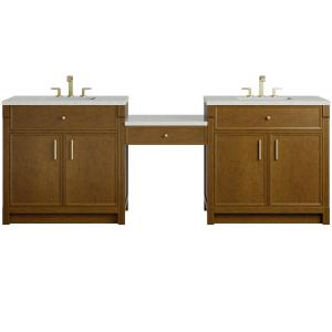 Bellshire 96" Dual Vanity Set with 24" Make-Up Counter, Honey Oak w/3 cm Lime Delight Silestone Top
