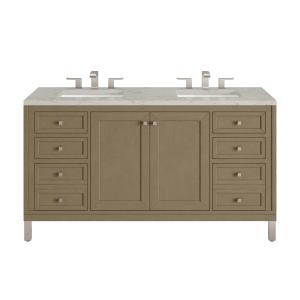 Chicago 60" Double Vanity, Walnut Whisper, w/ 3 CM Victorian Silver Silestone® Top w/FreePower Wireless Charger