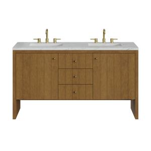 Hudson 60" Double Vanity, Honey Oak w/ 3 CM Ethereal Noctis Silestone Top w/FreePower Wireless Charger