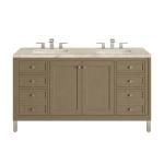 Chicago 60" Double Vanity, Walnut Whisper, w/ 3 CM Tajnar Eclos Top w/FreePower Wireless Charger