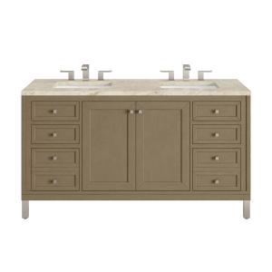 Chicago 60" Double Vanity, Walnut Whisper, w/ 3 CM Tajnar Eclos Top w/FreePower Wireless Charger