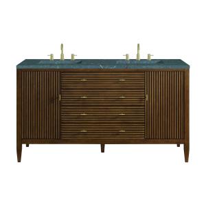 Myrrin 60" Double Vanity, Mid Century Walnut w/ 3 CM Parisien Bleu Silestone Top w/FreePower Wireless Charger