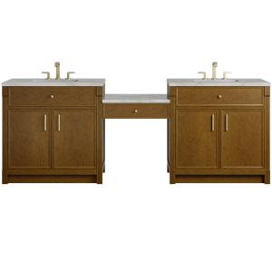 Bellshire 96" Dual Vanity Set with 24" Make-Up Counter, Honey Oak w/3 cm Victorian Silver Silestone Top