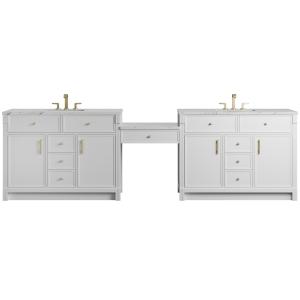 Bellshire 120" Dual Vanity Set with 24" Make-Up Counter, Bright White w/3 cm Ethereal Noctis Silestone Top