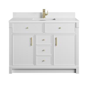 Bellshire 48" Single Vanity, Bright White w/ Single Hole 3 CM White Zeus Silestone Top and Matching Backsplash