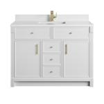 Bellshire 48" Single Vanity, Bright White w/ Single Hole 3 CM White Zeus Silestone Top and Matching Backsplash