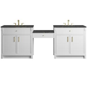 Bellshire 96" Dual Vanity Set with 24" Make-Up Counter, Bright White w/3 cm Parisien Bleu Silestone Top