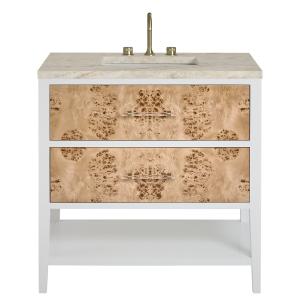 Olena 36" Single Vanity, Light Mappa Burl and Polished White, w/ 3 CM Tajnar Eclos Top