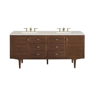 Amberly 72" Double Vanity, Mid-Century Walnut, w/ 3 CM Siberian Silestone Top w/FreePower Wireless Charger