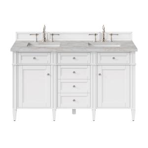 Brittany 60" Double Vanity, Bright White Vanity w/ 3 CM Victorian Silver Silestone Top w/FreePower Wireless Charger