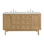Laurent 60" Double Vanity, Light Natural Oak, w/ 3 CM Eternal Jasmine Pearl Quartz Top w/FreePower Wireless Charger