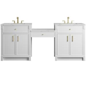 Bellshire 84" Dual Vanity Set with 24" Make-Up Counter, Bright White w/3 cm Ethereal Noctis Silestone Top