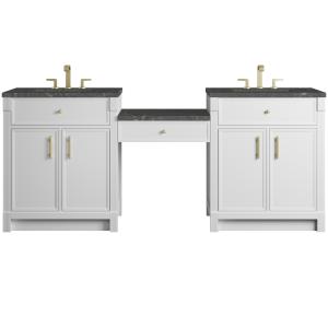 Bellshire 84" Dual Vanity Set with 24" Make-Up Counter, Bright White w/3 cm Parisien Bleu Silestone Top