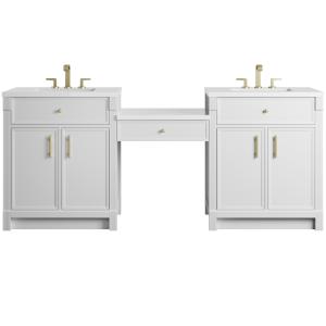 Bellshire 84" Dual Vanity Set with 24" Make-Up Counter, Bright White w/3 cm White Zeus Silestone Top