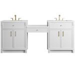 Bellshire 84" Dual Vanity Set with 24" Make-Up Counter, Bright White w/3 cm White Zeus Silestone Top