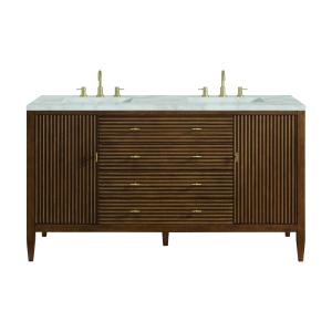 Myrrin 60" Double Vanity, Mid Century Walnut w/ 3 CM Victorian Silver Silestone Top w/FreePower Wireless Charger