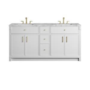 Bellshire 72" Double Vanity, Bright White w/ 3 CM Carrara Marble Top