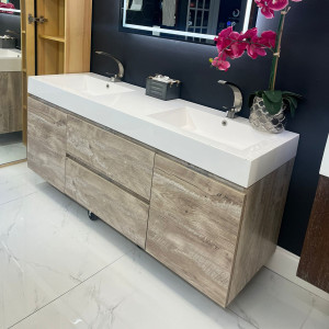 60" Wall Mount Double Vanity Laminated Surface structure and and Poly Basin Top