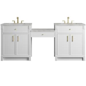 Bellshire 84" Dual Vanity Set with 24" Make-Up Counter, Bright White w/3 cm Victorian Silver Silestone Top
