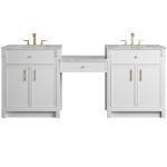 Bellshire 84" Dual Vanity Set with 24" Make-Up Counter, Bright White w/3 cm Victorian Silver Silestone Top