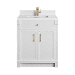 Bellshire 30" Single Vanity, Bright White w/ Single Hole 3 CM White Zeus Silestone Top and Matching Backsplash