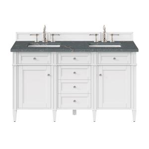 Brittany 60" Double Vanity, Bright White Vanity w/ 3 CM Parisien Bleu Silestone Top w/FreePower Wireless Charger