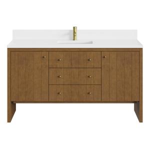 Hudson 60" Single Vanity, Honey Oak w/ Single Hole 3 CM White Zeus Silestone Top and Matching Backsplash