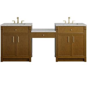 Bellshire 84" Dual Vanity Set with 24" Make-Up Counter, Honey Oak w/3 cm Eternal Jasmine Pearl Silestone Top