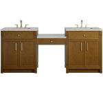 Bellshire 84" Dual Vanity Set with 24" Make-Up Counter, Honey Oak w/3 cm Eternal Jasmine Pearl Silestone Top