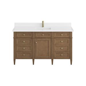Brittany 60" Single Vanity, Pecan w/ Single Hole 3 CM White Zeus Silestone Top and Matching Backsplash