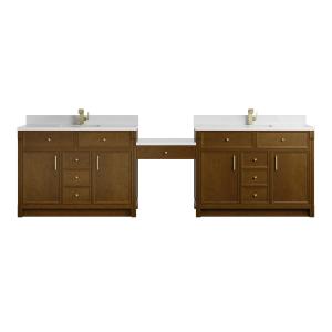 Bellshire 120" Dual Vanity Set with 24" Make-Up Counter, Honey Oak w/Single Hole 3 cm White Zeus Silestone Top & Backsplash