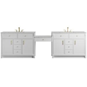 Bellshire 120" Dual Vanity Set with 24" Make-Up Counter, Bright White w/3 cm Eternal Jasmine Pearl Silestone Top w/FreePower Wireless Charger